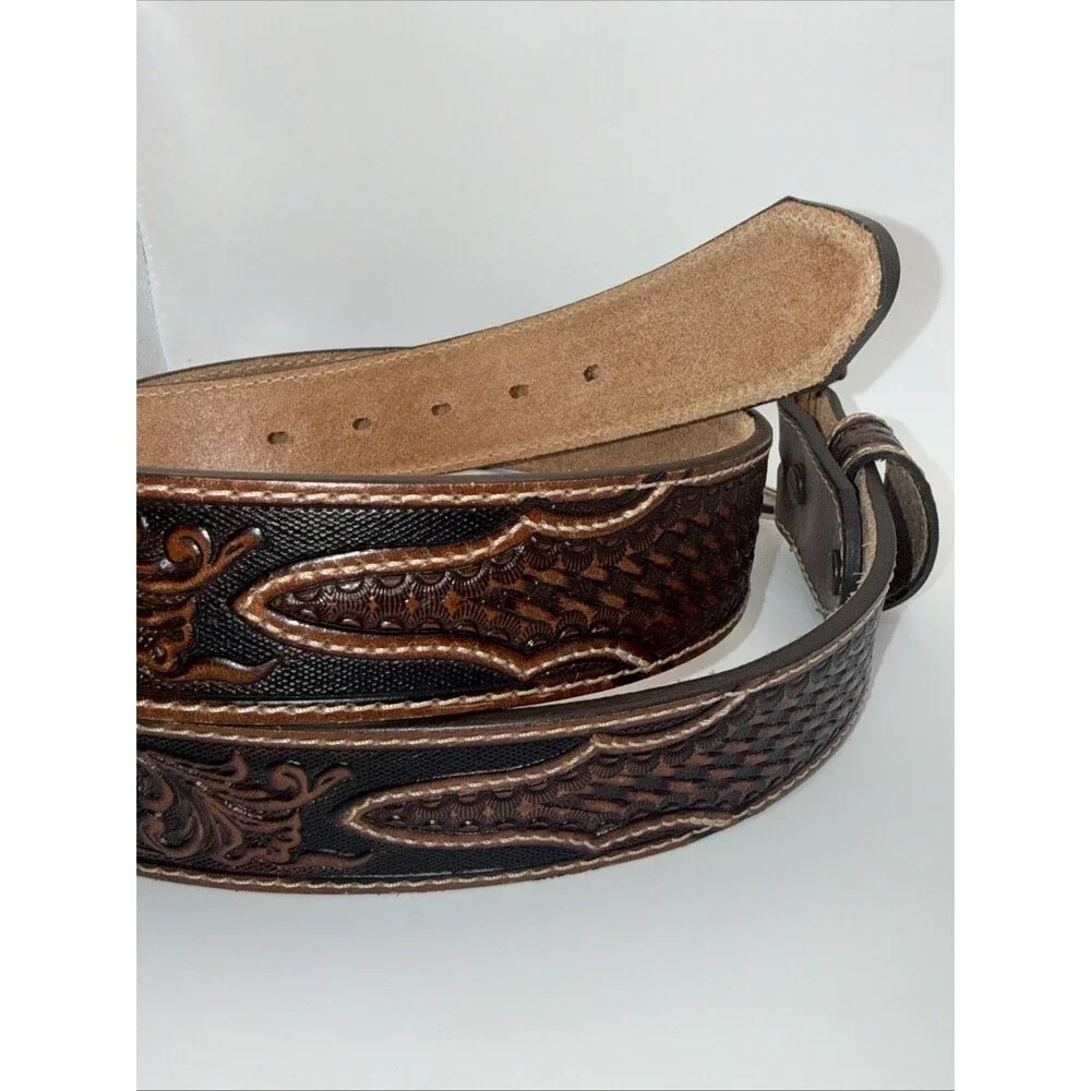Justin Lone Star Western Leather Belt Mens Size 42 Brown C10098 Basketweave Exc